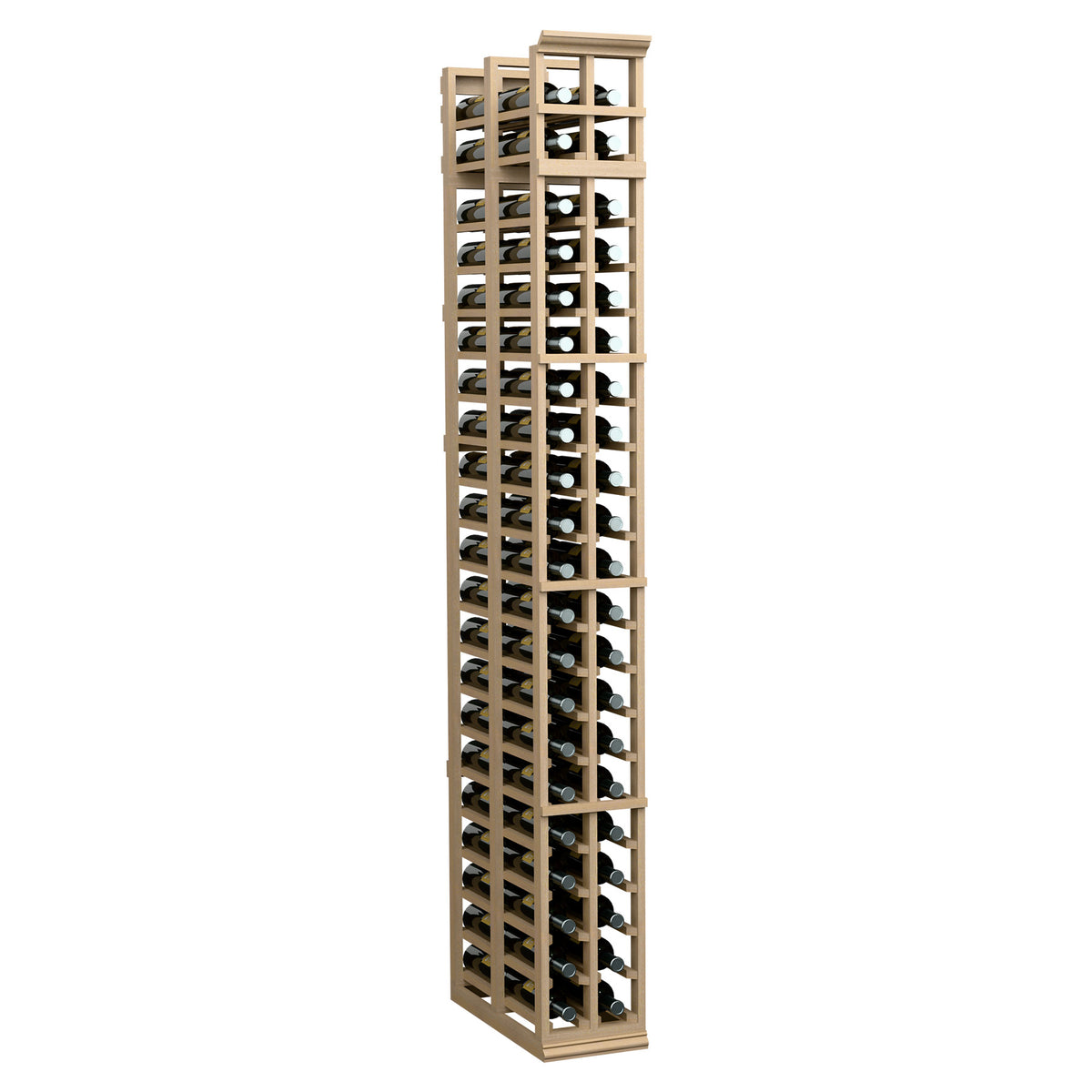 Wine storage rack with two rows of bottle slots, light beige wood frame.