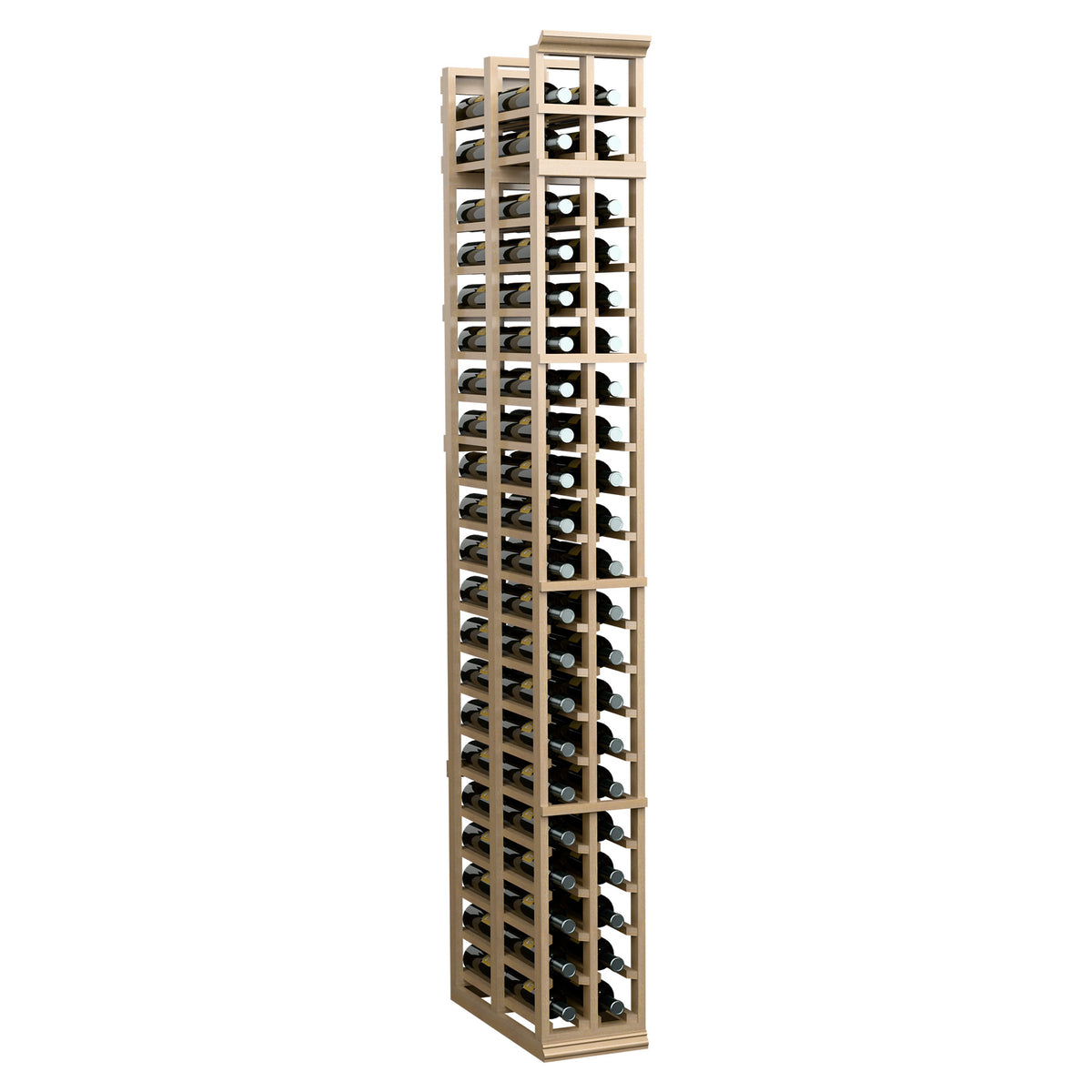 Wine storage rack with two rows of bottle slots, pale tan wood frame.