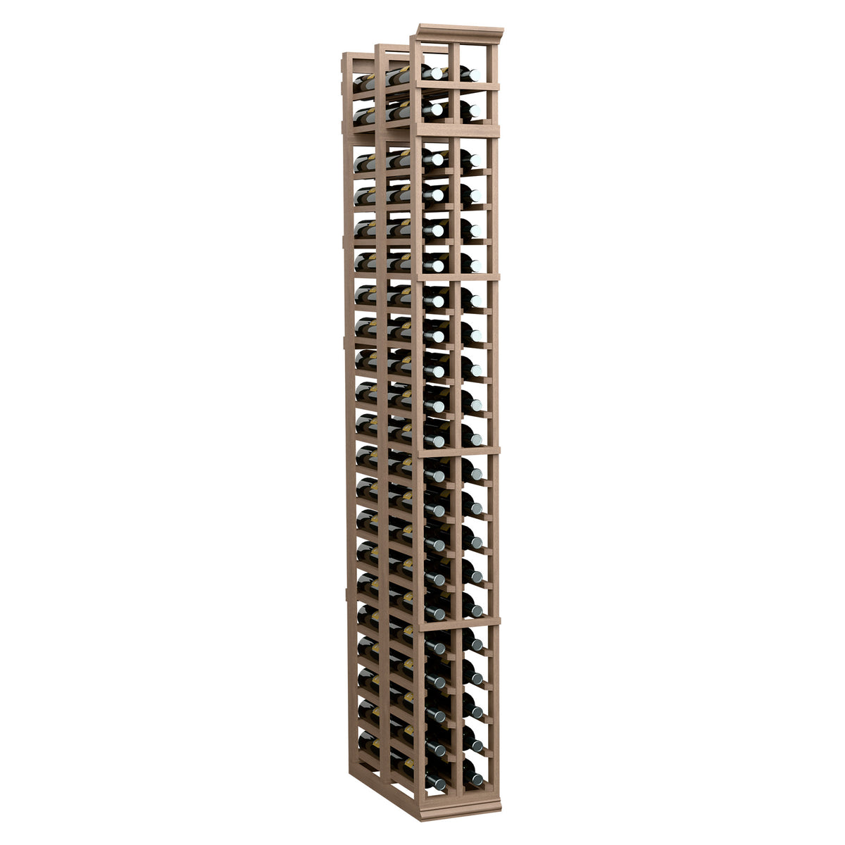 Wine storage rack with two rows of bottle slots, medium brown wood frame.