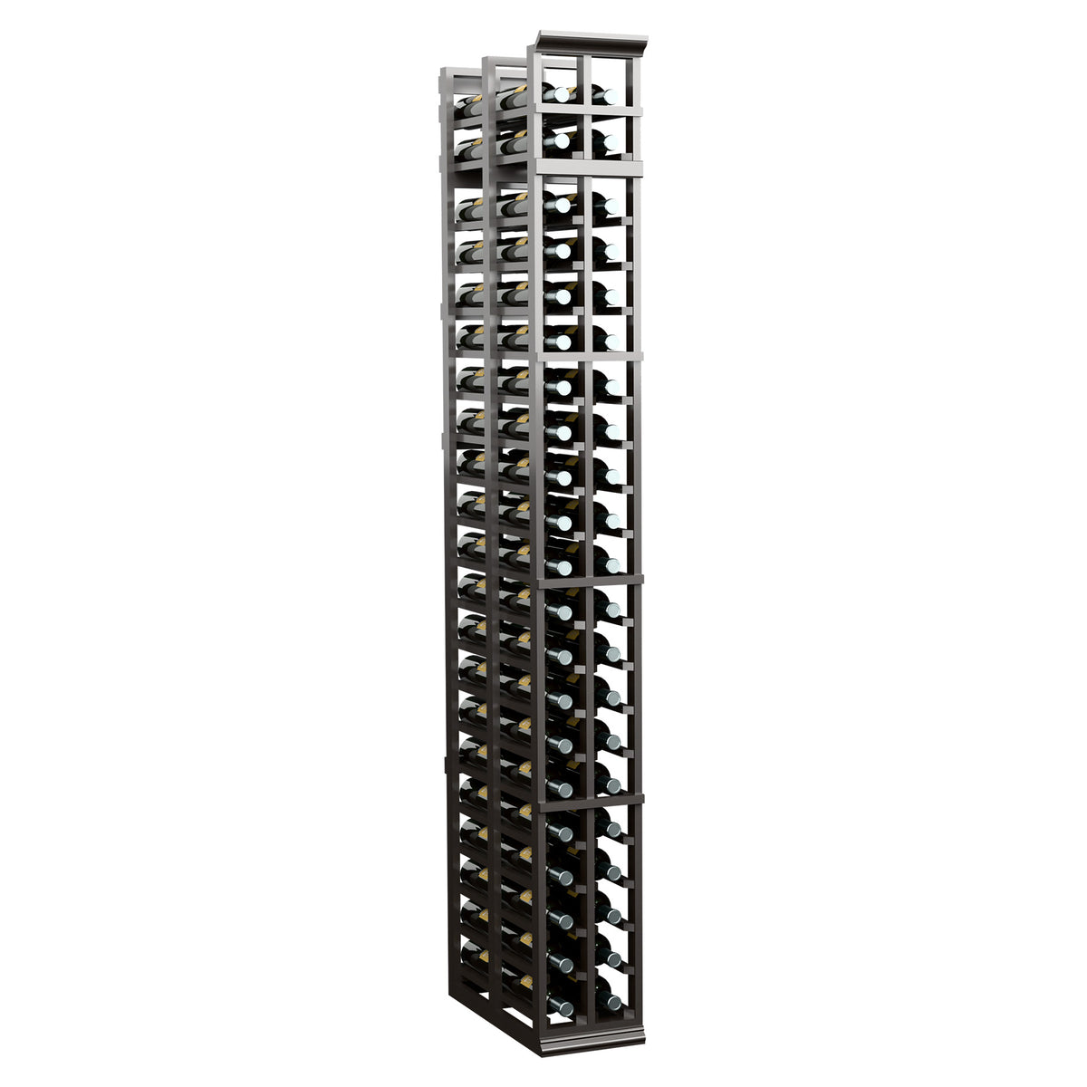 Wine storage rack with two rows of bottle slots, dark charcoal frame.