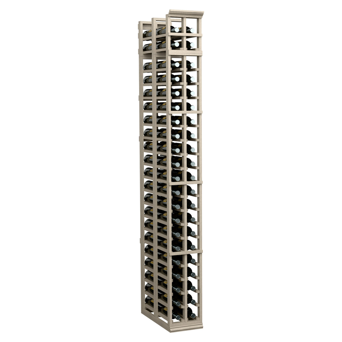 Whitewashed two-column double-deep wine rack with tall wooden frame and two rows of bottle slots.