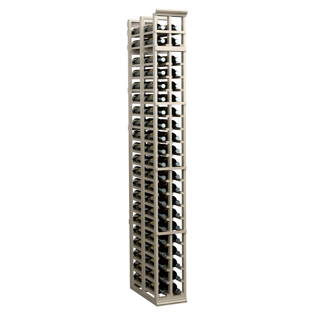 White two-column double-deep wine rack with tall wooden frame and two rows of bottle slots.