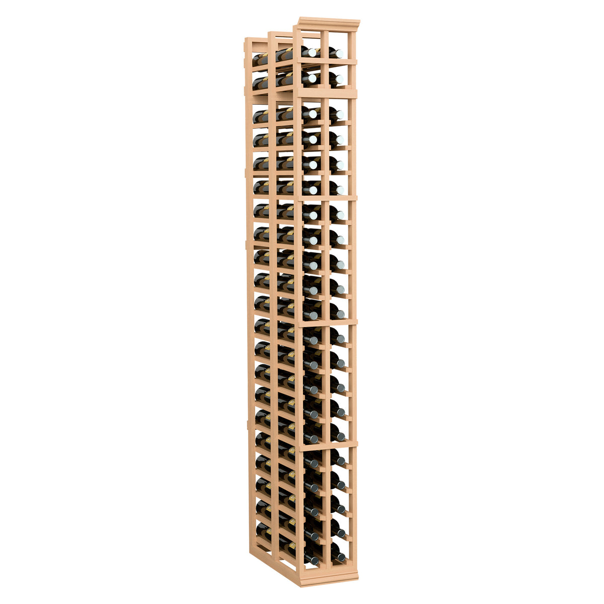 Light wood two-column double-deep wine rack with tall frame and two rows of bottle slots.