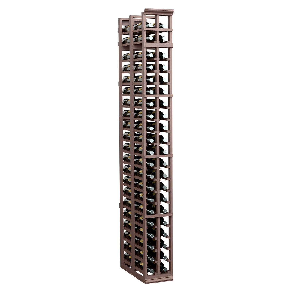 Dark-stained two-column double-deep wine rack with tall wooden frame and two rows of bottle slots.