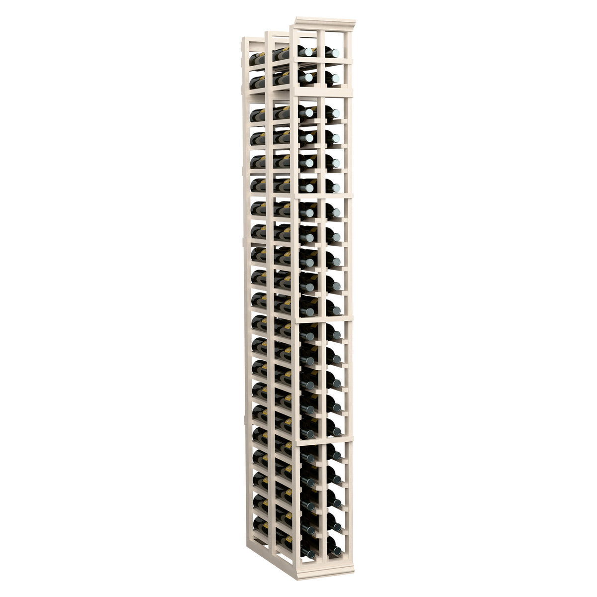 White two-column double-deep wine rack with tall wooden frame and two rows of bottle slots.
