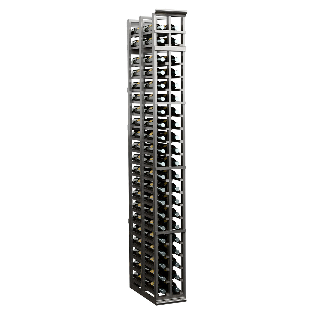 Double-deep wine bottle rack with gray frame and front bottle slots