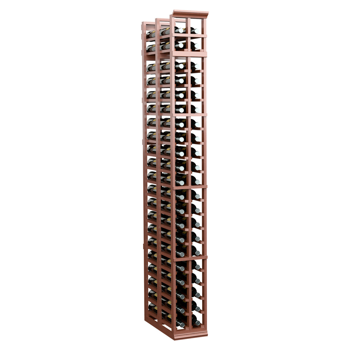 Double-deep wine bottle rack with warm brown wood frame and front bottle slots