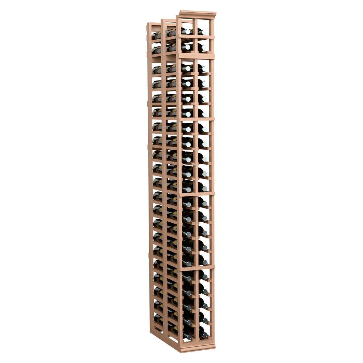 Double-deep wine bottle rack with light brown wood frame and front bottle slots