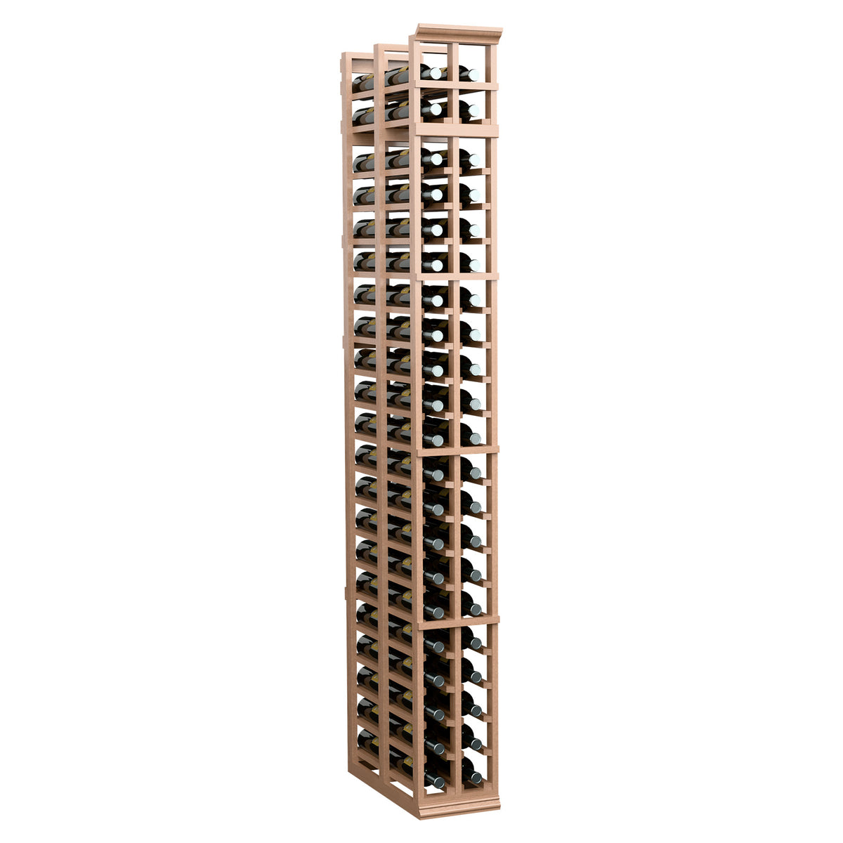 Double-deep wine bottle rack with pale wood frame and front bottle slots