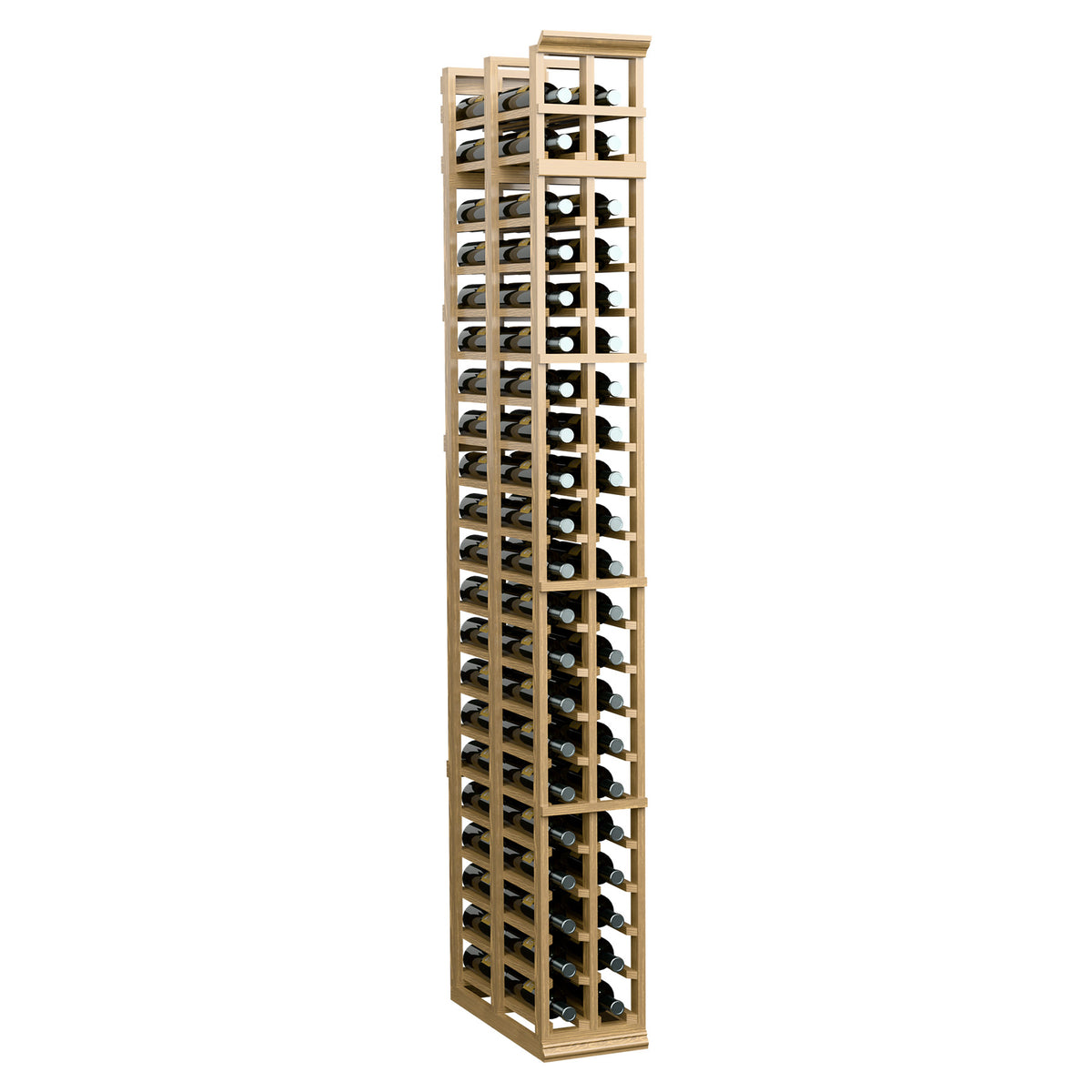 Double-deep wine bottle rack with light tan wood frame and front bottle slots