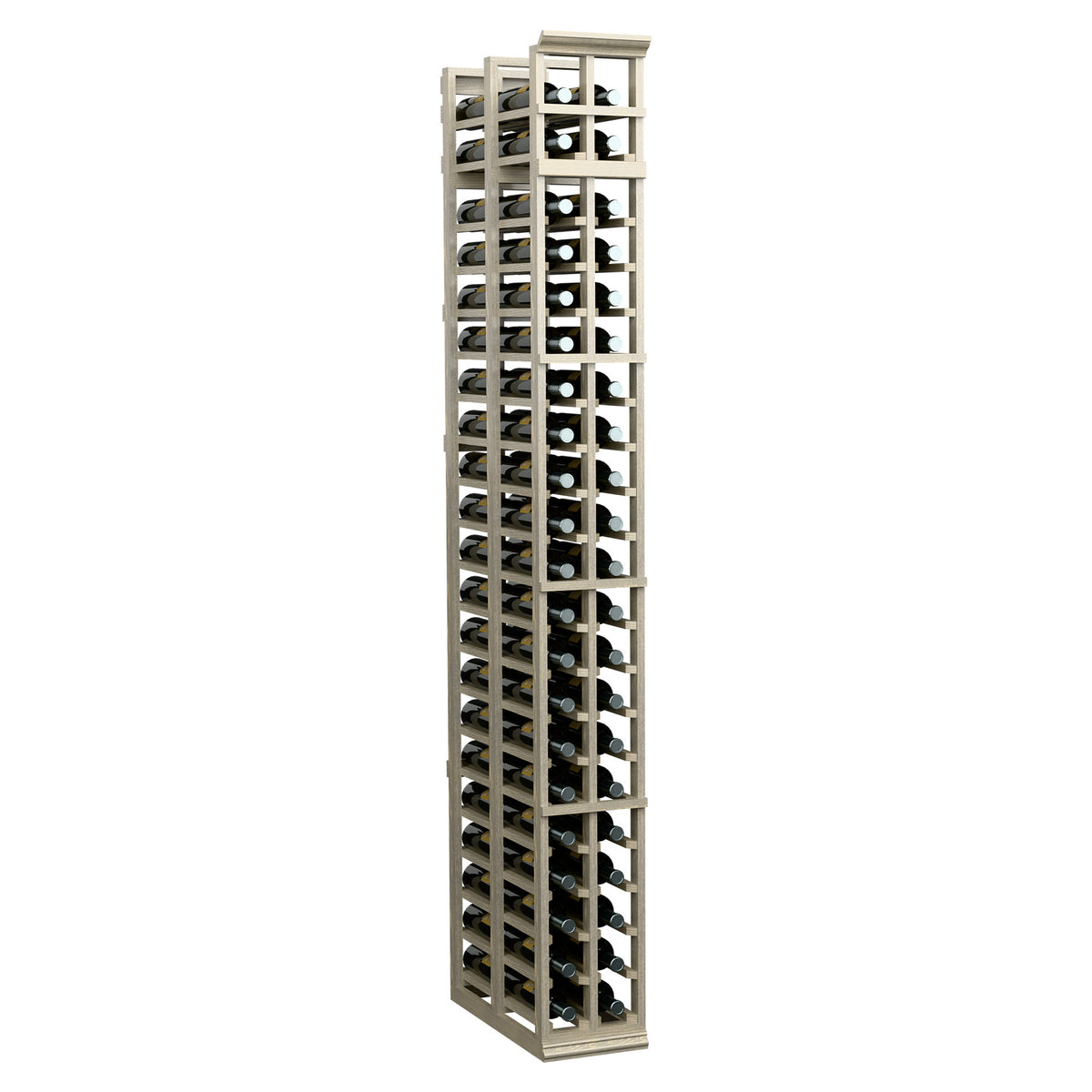 Two-column double-deep wine bottle rack, tall light wood frame with bottle openings
