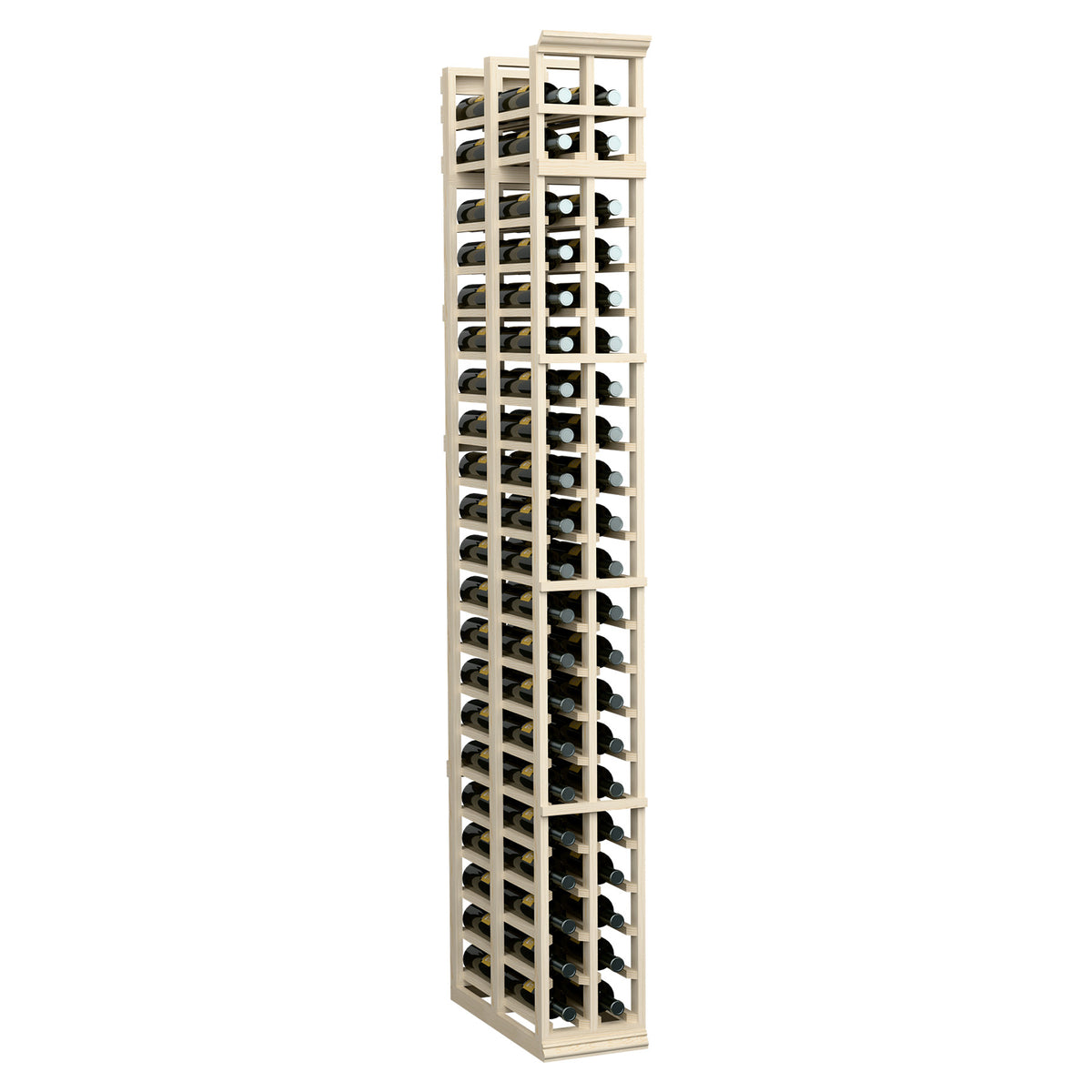 Two-column double-deep wine bottle rack, light wood frame with front bottle slots