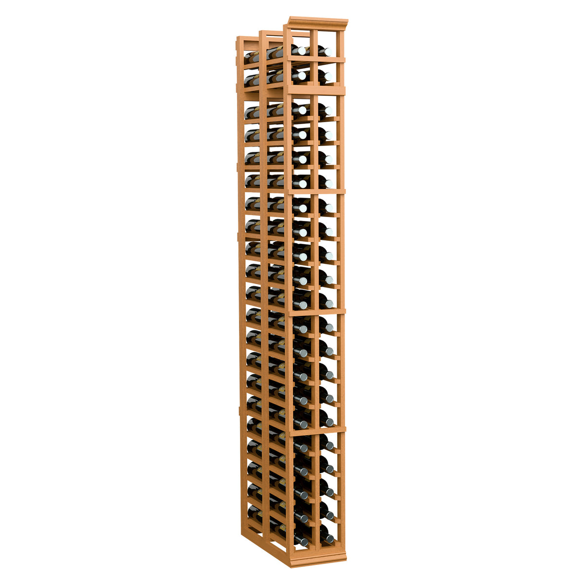 Two-column double-deep wine bottle rack, warm natural wood frame with bottle openings