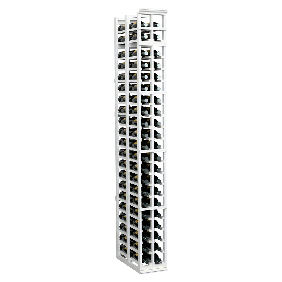 Two-column double-deep wine bottle rack, white painted frame with bottle openings
