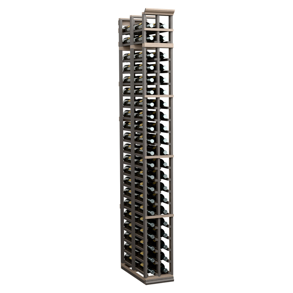 Two-column double-deep wine rack with black wood frame and bottle slots
