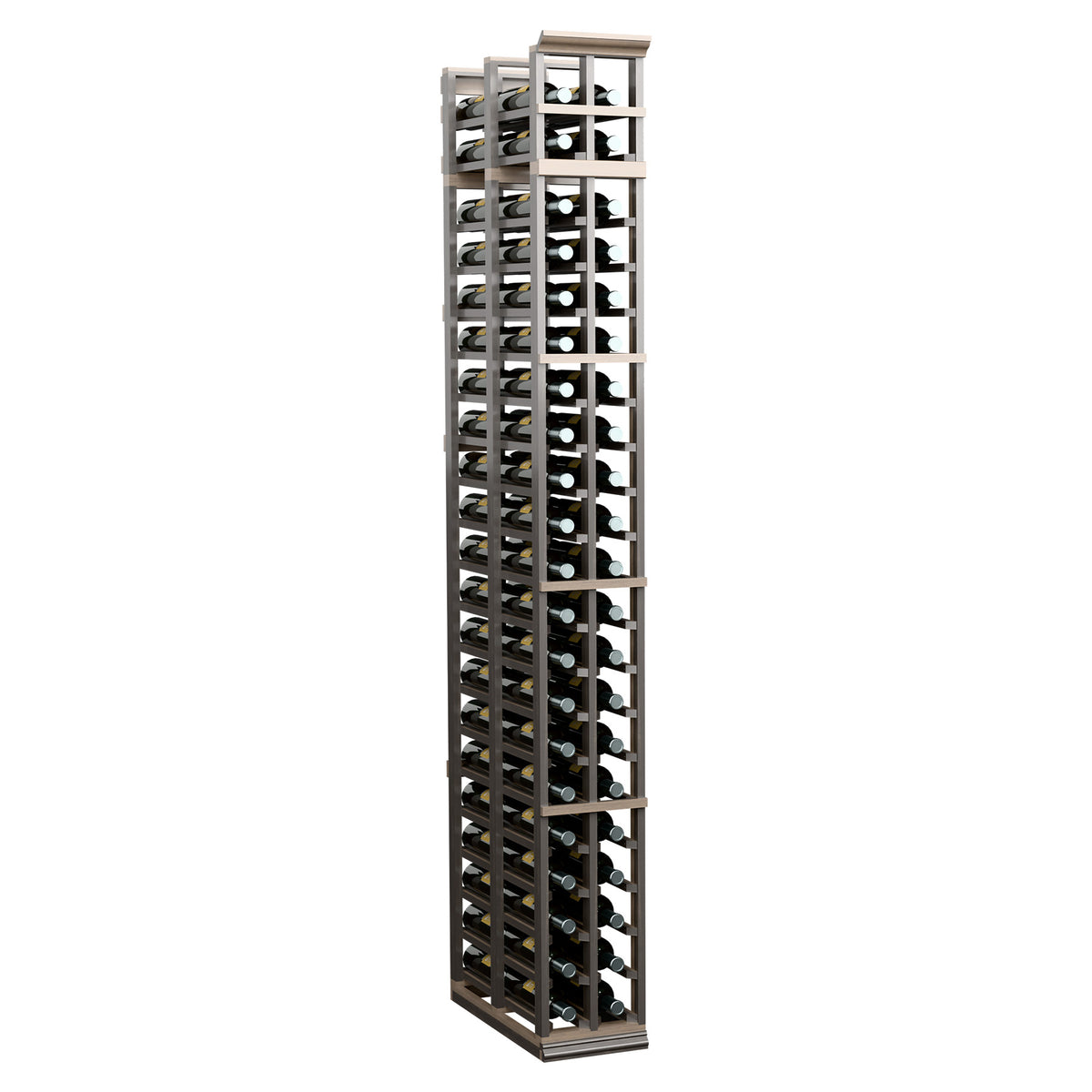 Two-column double-deep wine rack with gray wood frame and bottle slots
