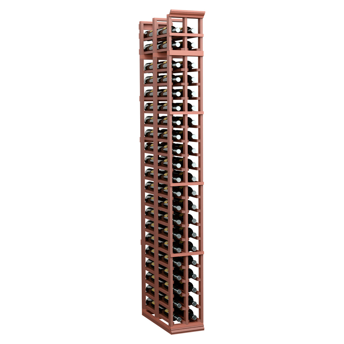 Two-column double-deep wine rack with red wood frame and bottle slots