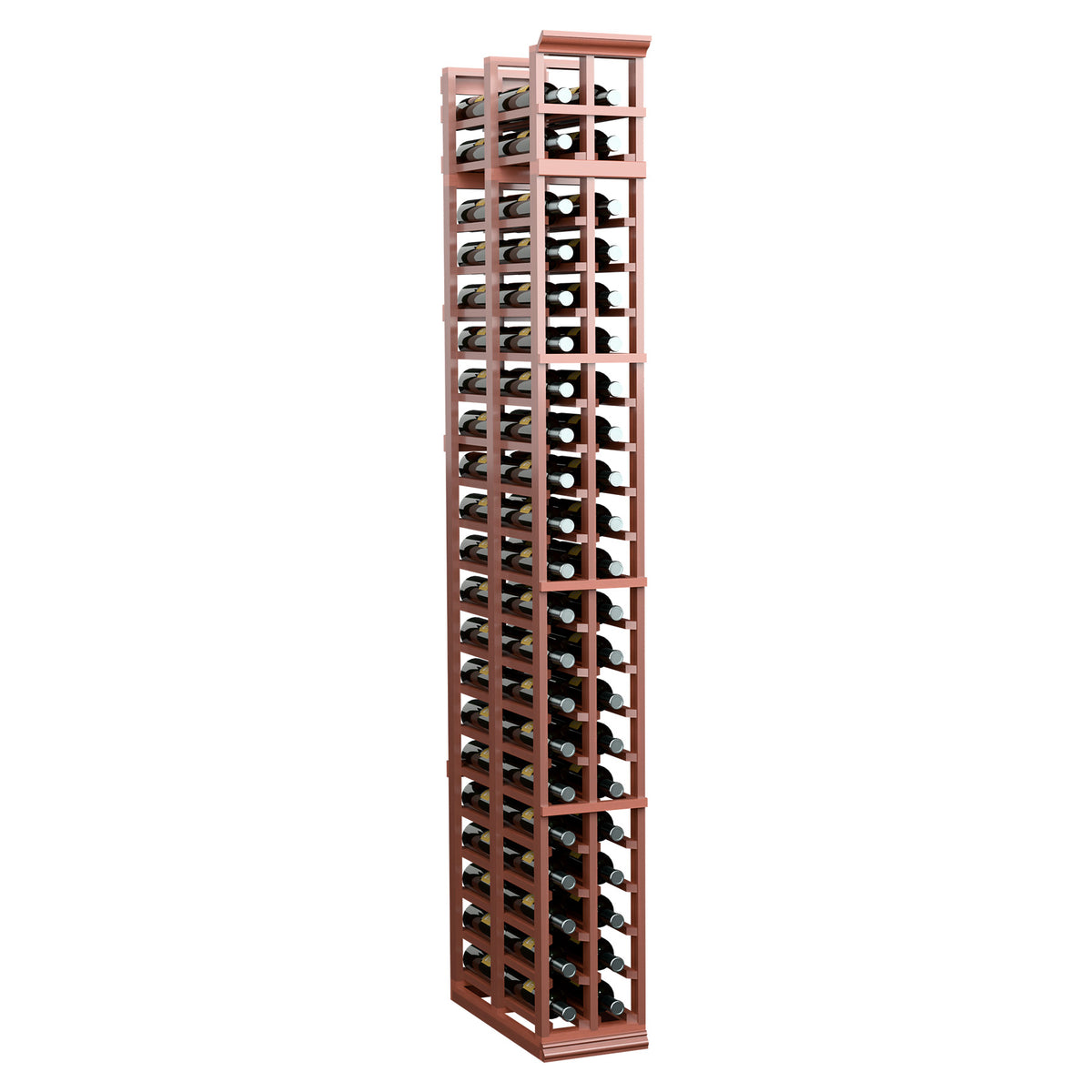 Two-column double-deep wine rack with reddish wood frame and bottle slots