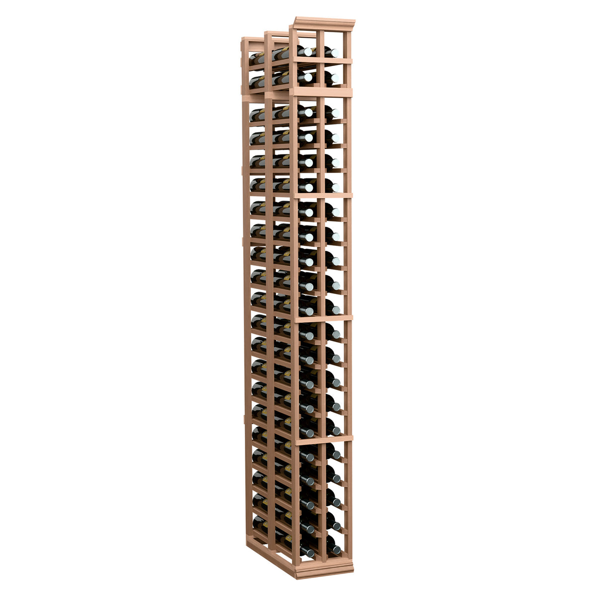 Two-column double-deep wine rack with light wood frame and bottle slots
