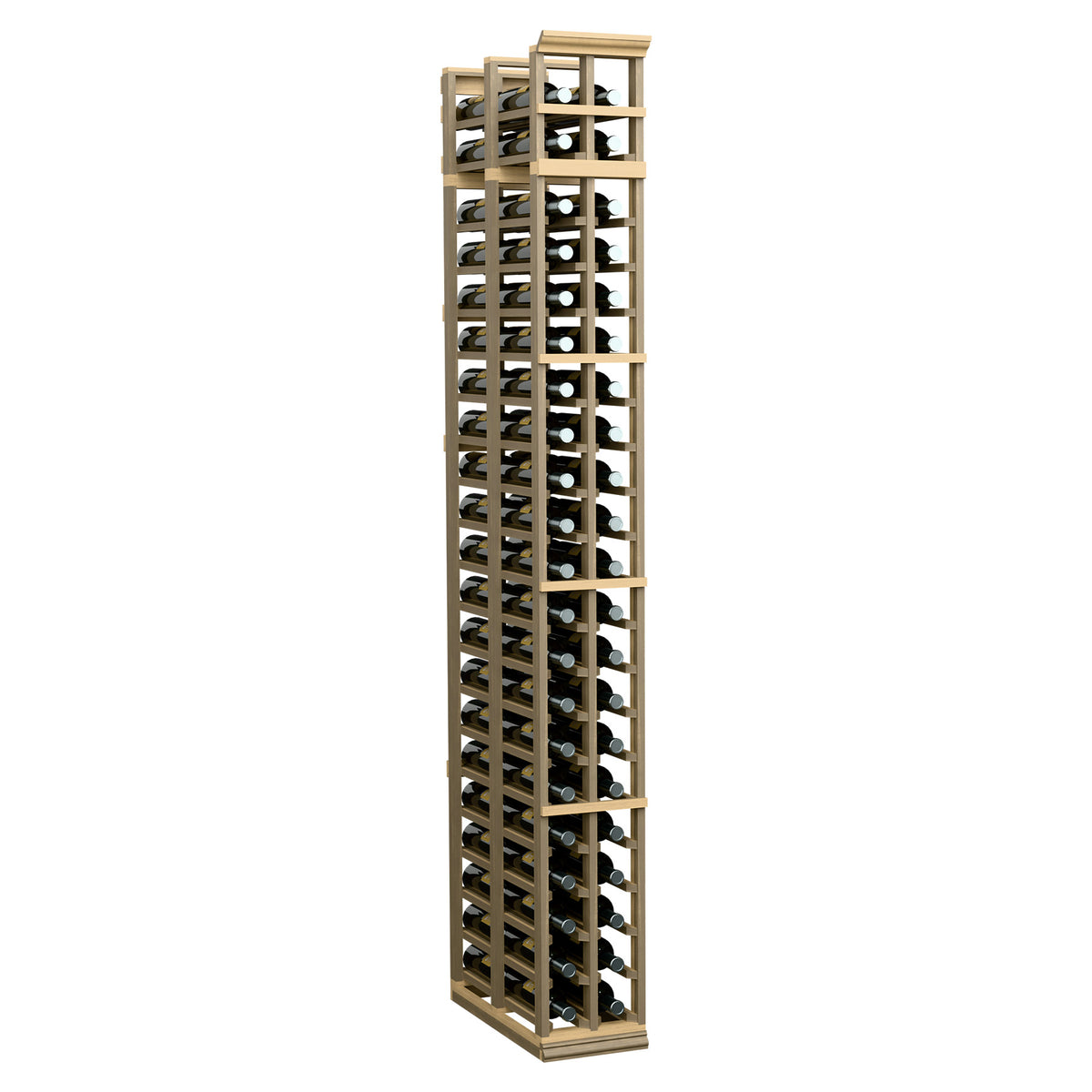 Two-column double-deep wine rack with tan wood frame and bottle slots