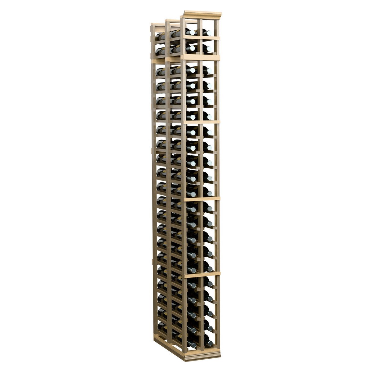 Two-column double-deep wine rack with honey-toned wood frame and bottle slots