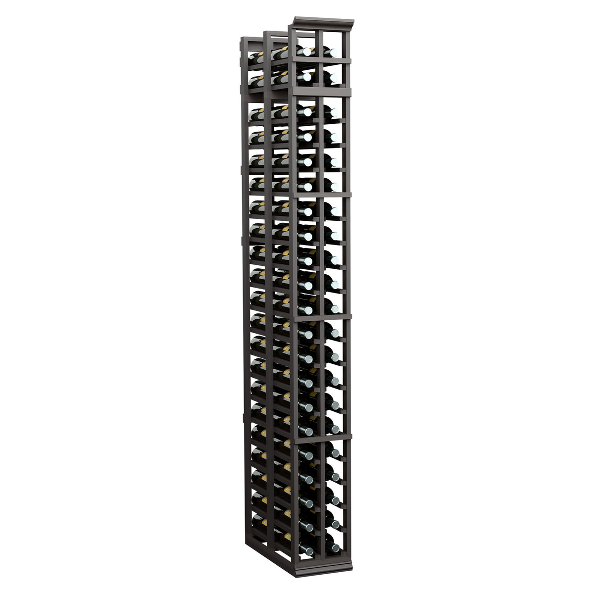 Two-column double-deep wine rack with dark wood frame and bottle slots