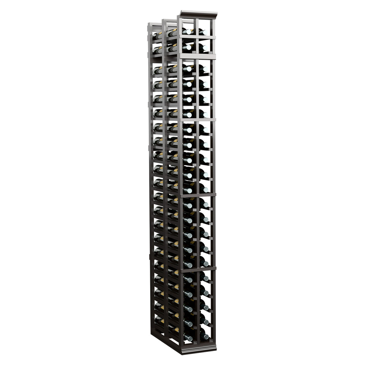 Two-column double-deep wine rack with charcoal wood frame and bottle slots