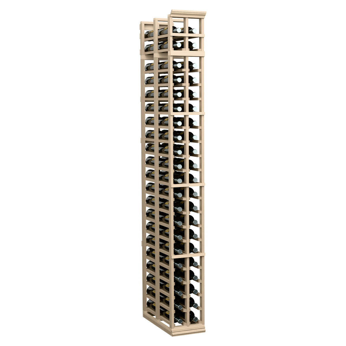 Two-column double-deep standard wine rack with natural light wood frame and bottle slots
