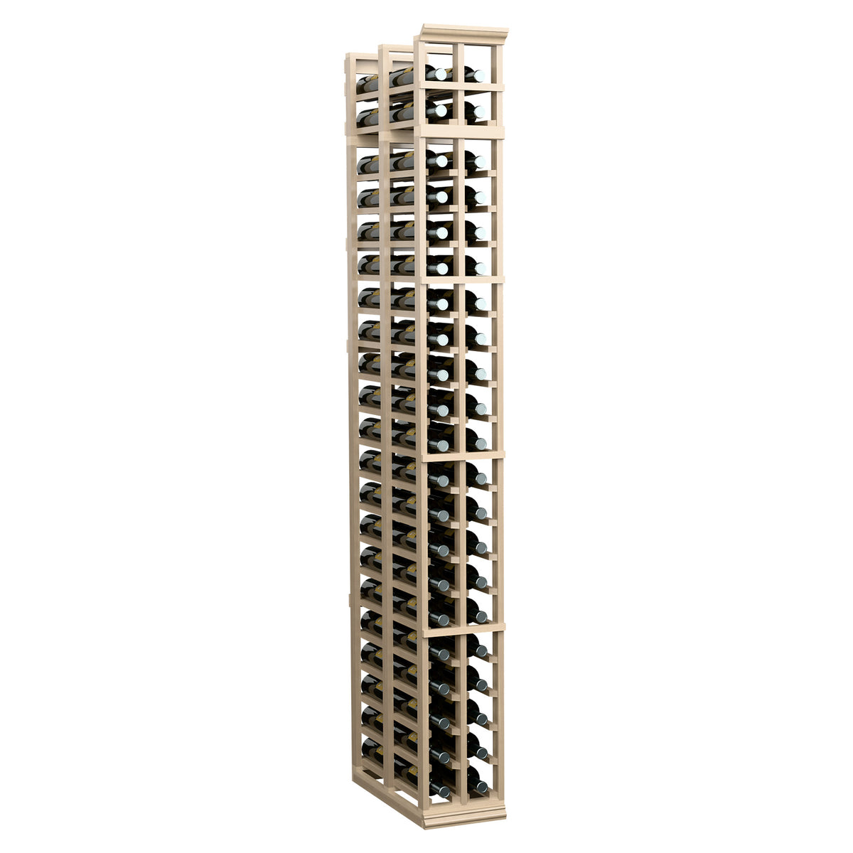 Two-column double-deep standard wine rack with light wood finish and front bottle openings