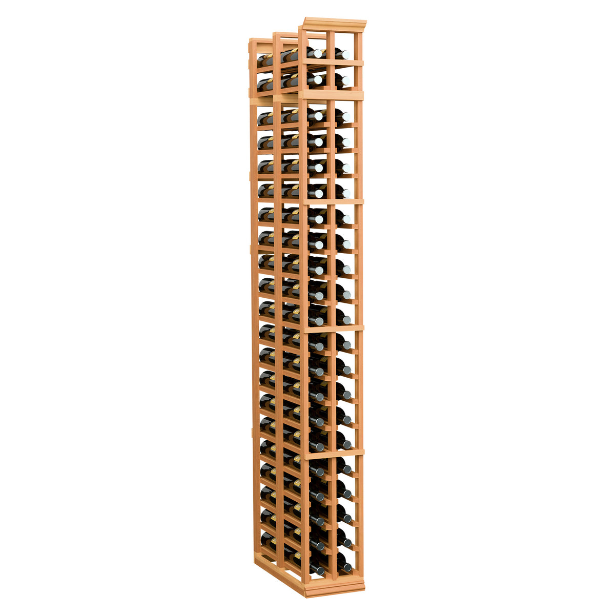 Two-column double-deep standard wine rack with warm reddish wood frame and bottle slots