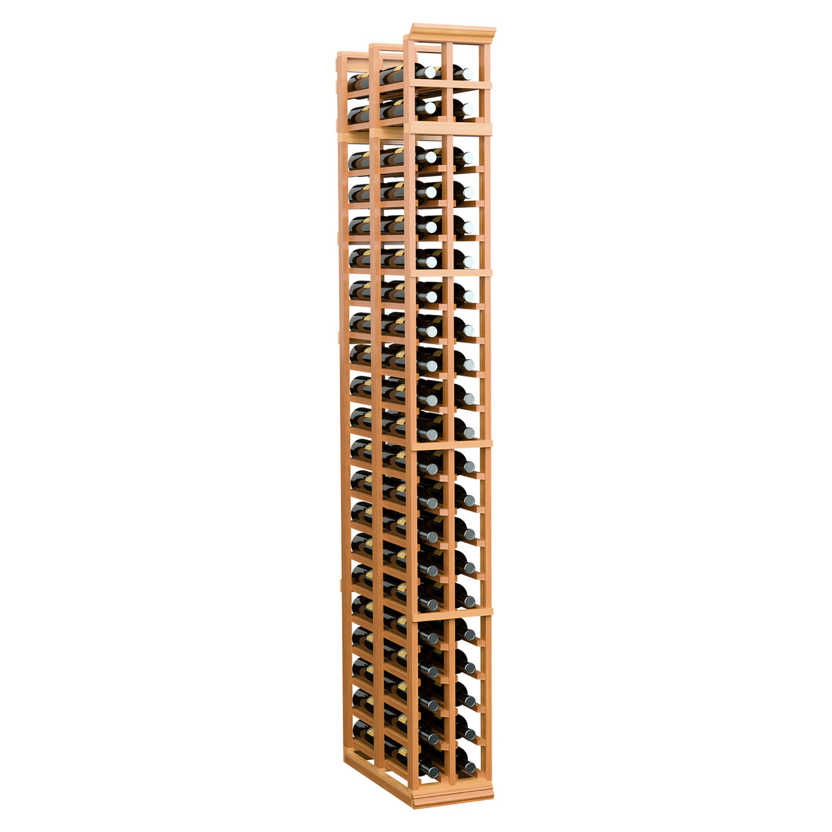 Two-column double-deep standard wine rack with reddish-brown wood frame and front bottle openings