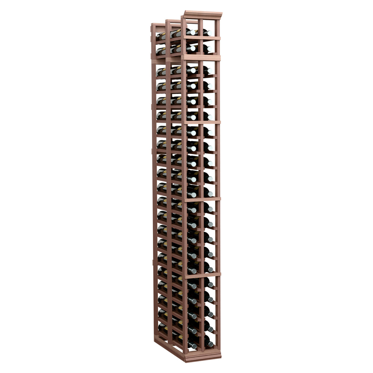 Two-column double-deep standard wine rack with dark brown wood frame and bottle slots