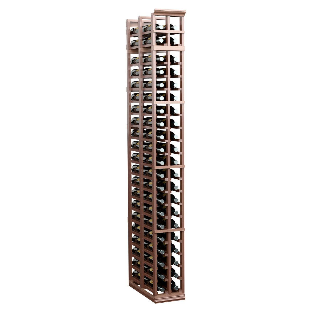 Two-column double-deep standard wine rack with medium-dark wood finish and front bottle openings