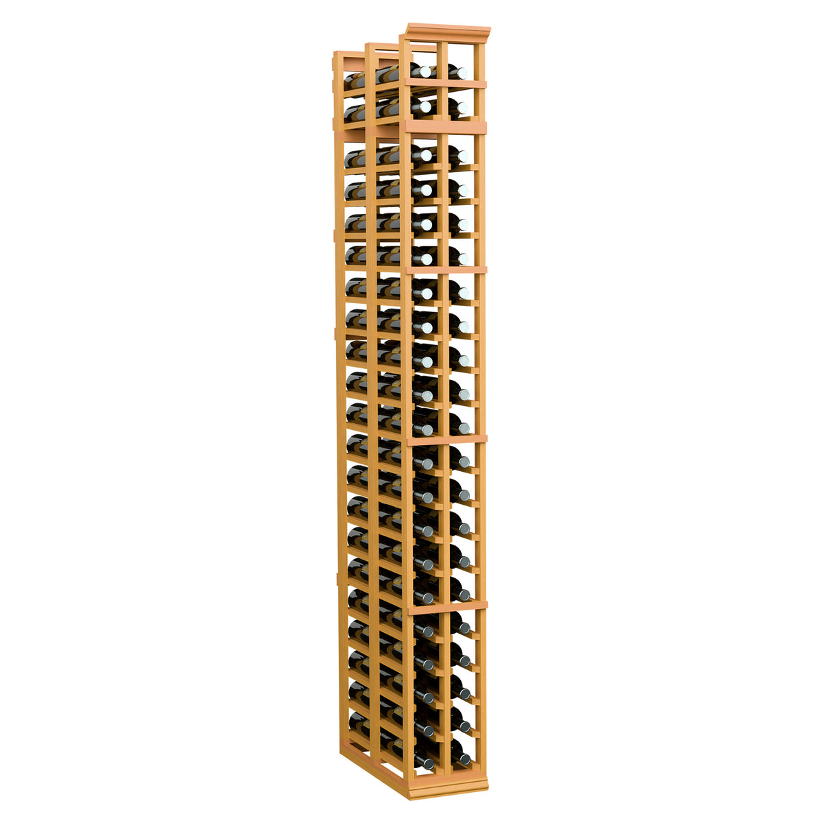 Two-column double-deep standard wine rack with honey-colored wood frame and bottle slots