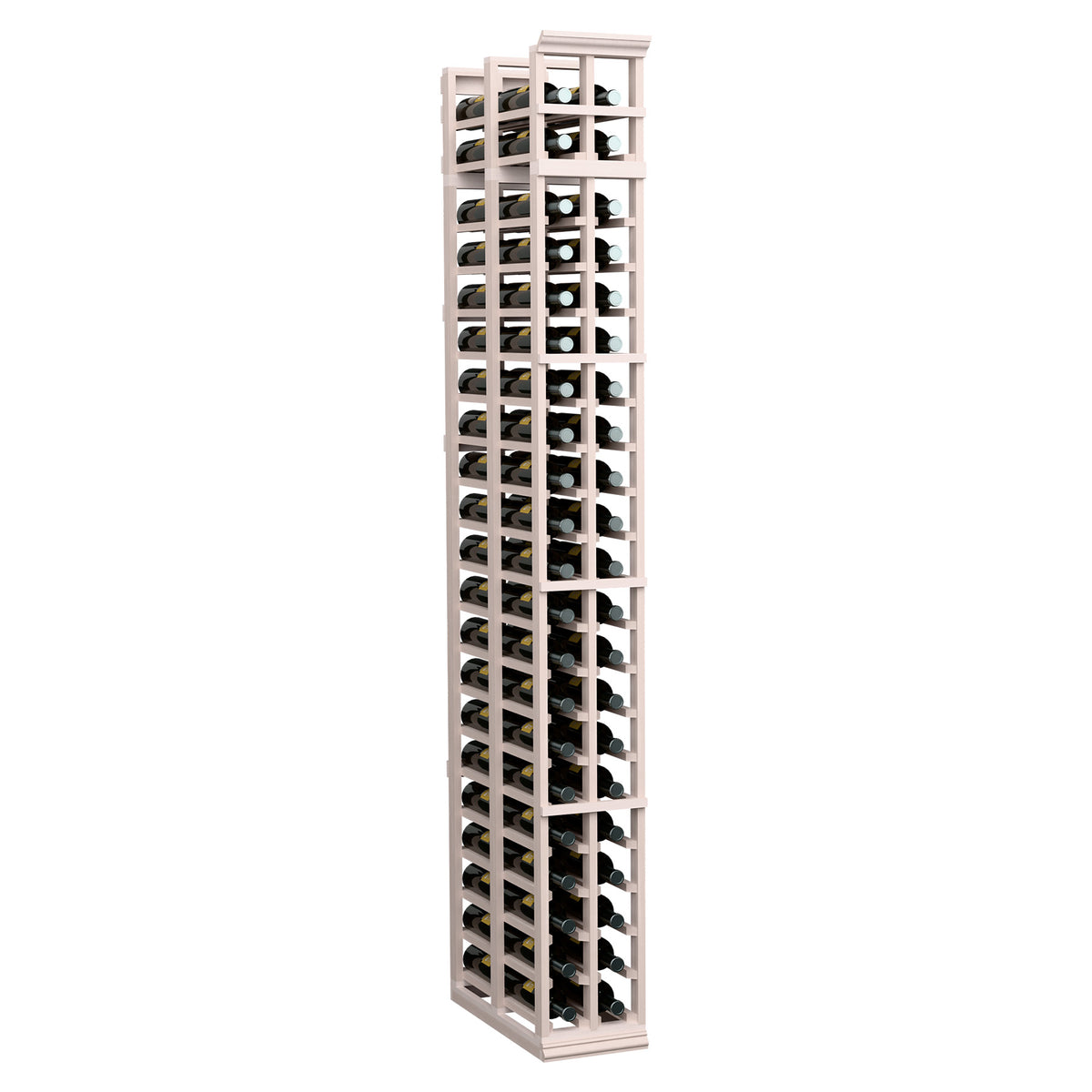 Two-column double-deep standard wine rack with gray-toned wood frame and bottle slots