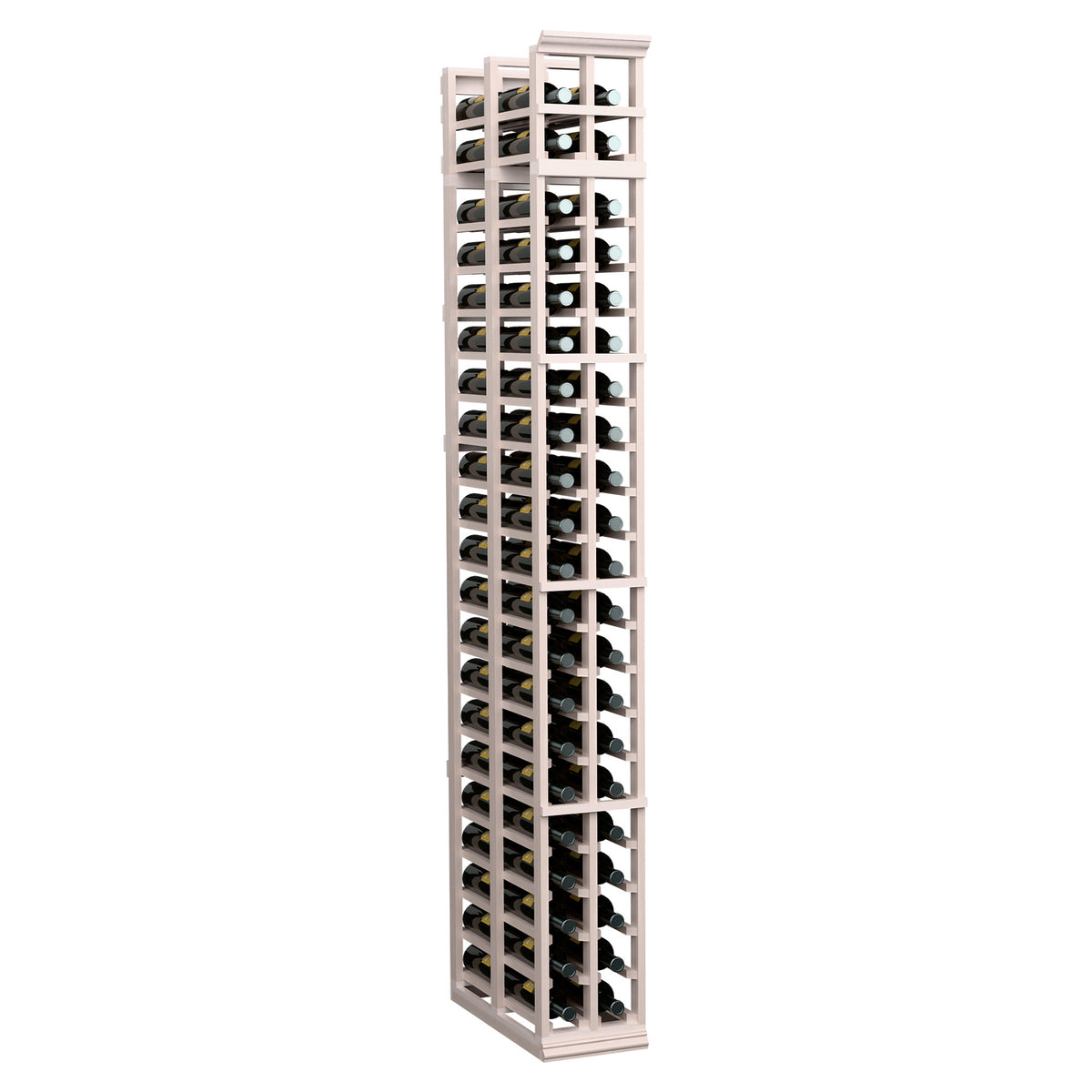Two-column double-deep standard wine rack with light gray wood finish and front bottle openings
