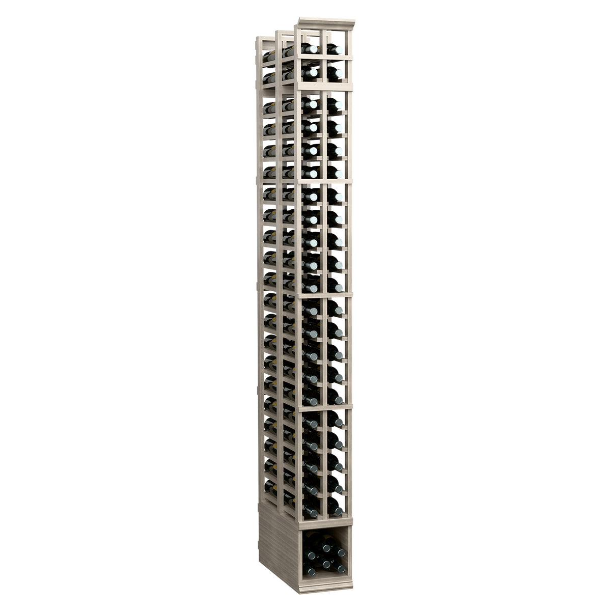 Tall 8-foot double deep wine rack with light wood sides and multiple bottle slots