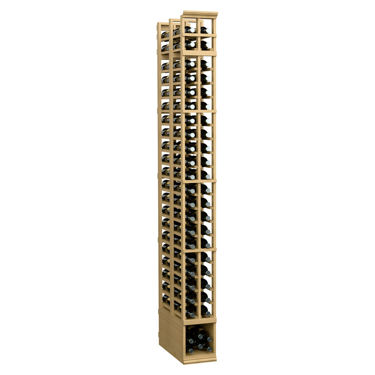 8-foot double deep wine rack in pale wood with two interior bottle storage sections