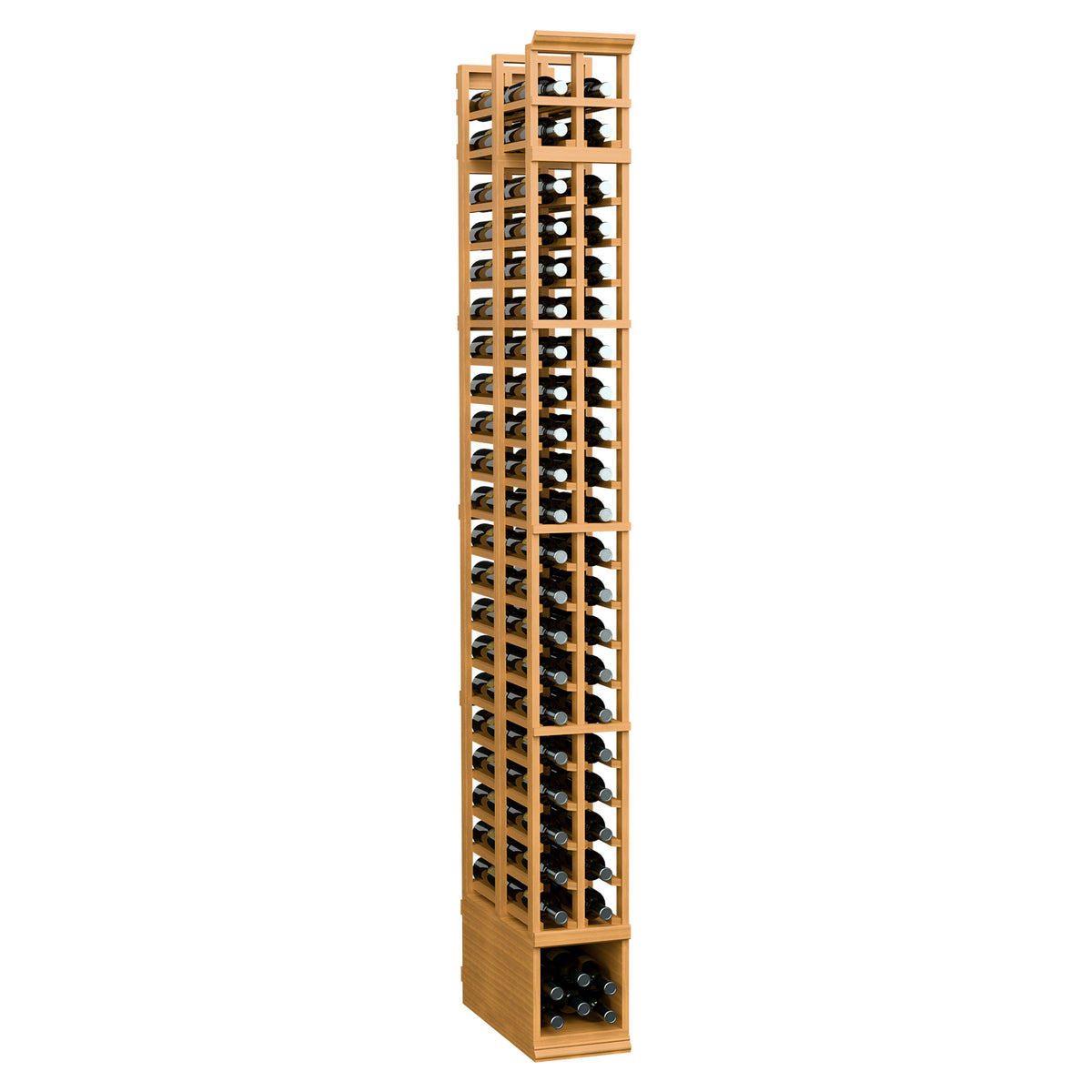 8-foot double deep wine rack in natural wood with two bottle storage columns