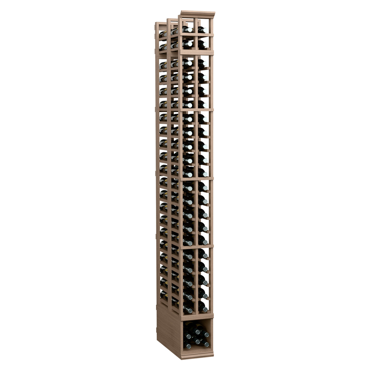 Two-column double-deep wine rack, 8 ft, medium tan frame with bottle slots