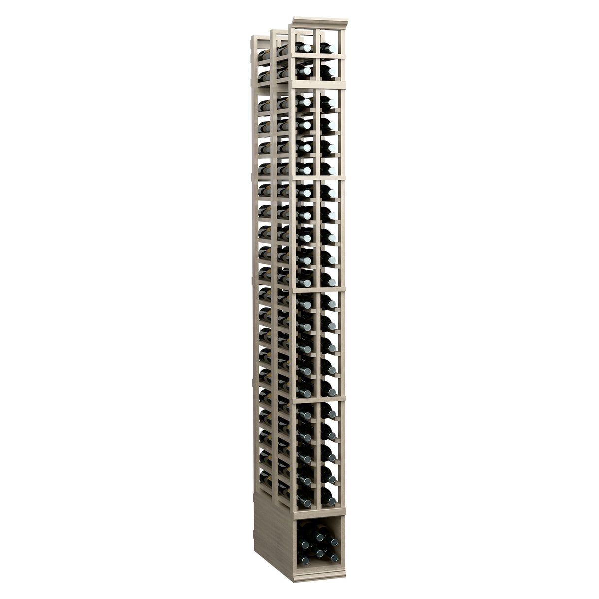 2-column double-deep wine bottle storage rack, light gray wood frame with dark bottles
