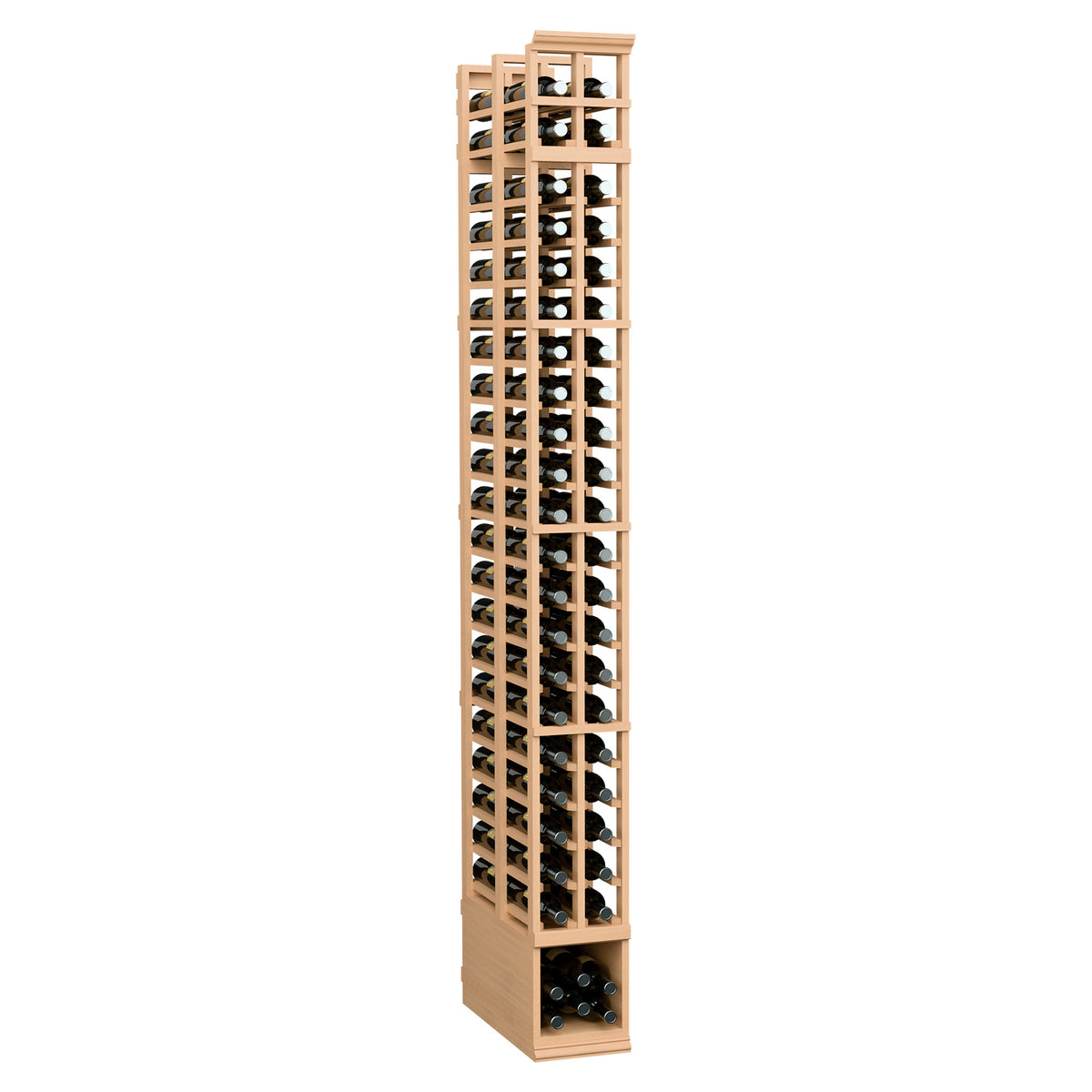 2-column double-deep wine bottle storage rack, warm wood frame with dark bottles