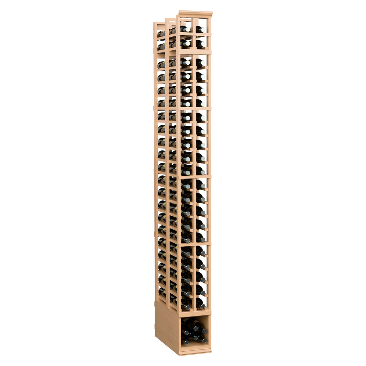 2-column double-deep wine bottle storage rack, warm wood frame with dark bottles