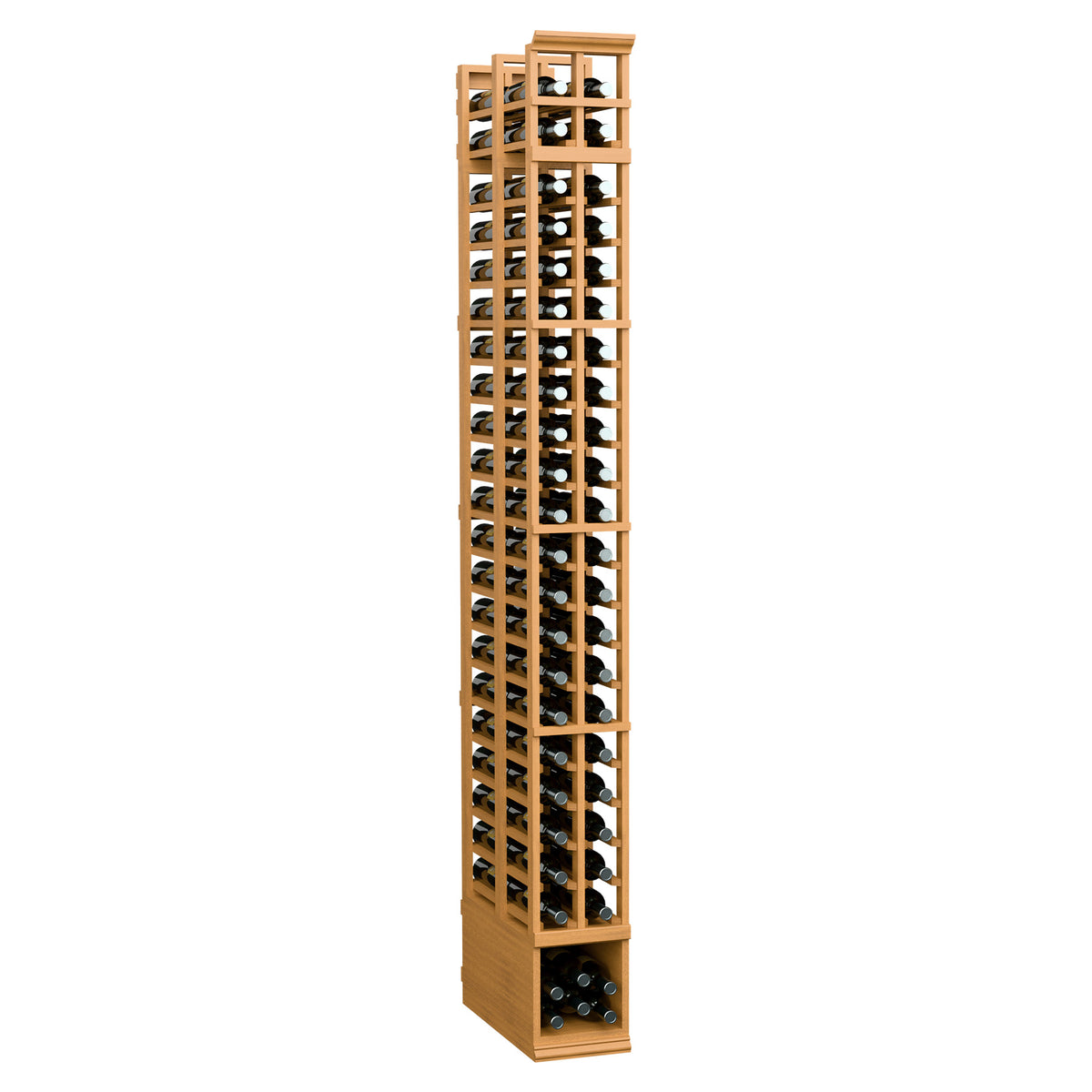 2-column double-deep wine bottle storage rack, honey wood frame with dark bottles