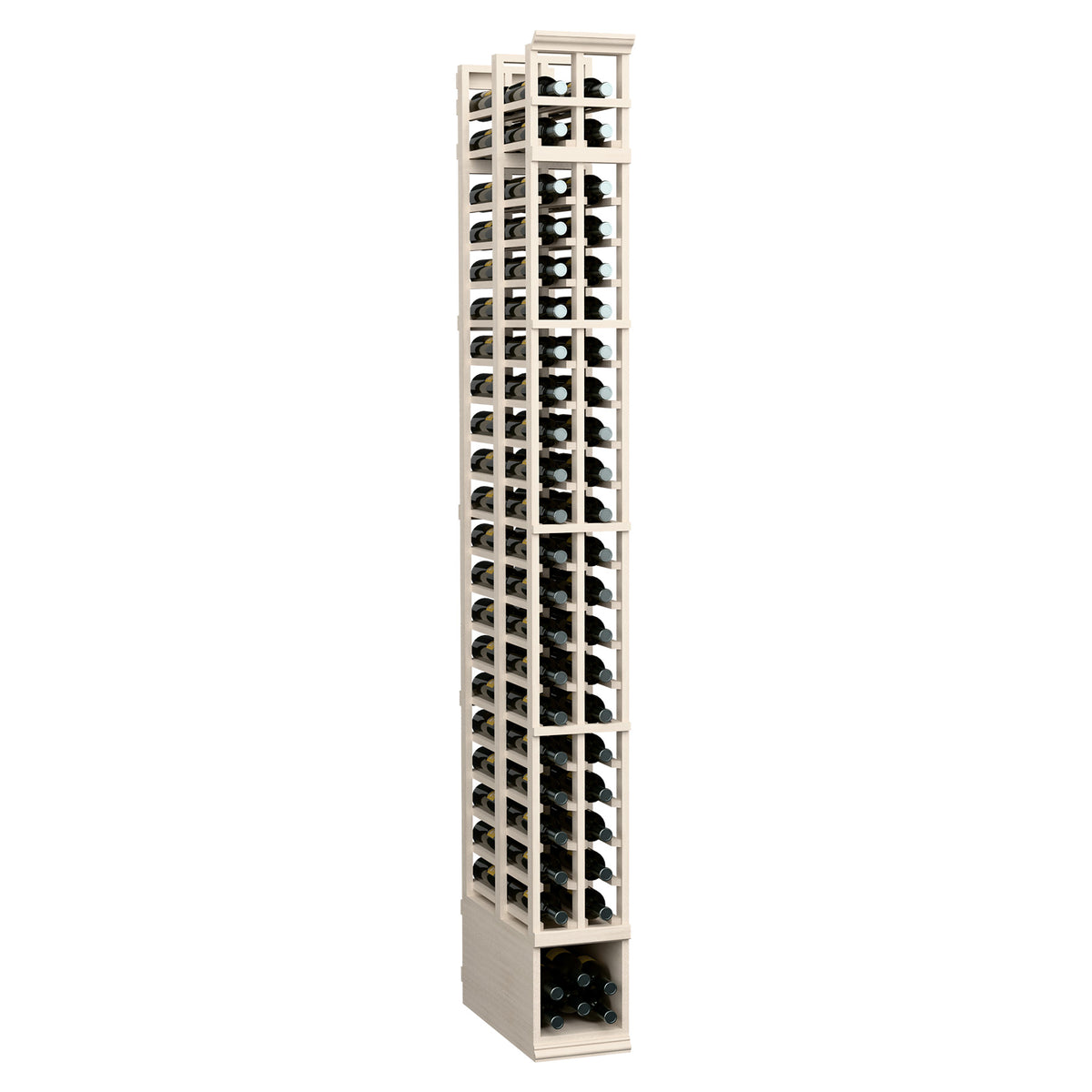 2-column double-deep wine bottle storage rack, whitewashed frame with dark bottles