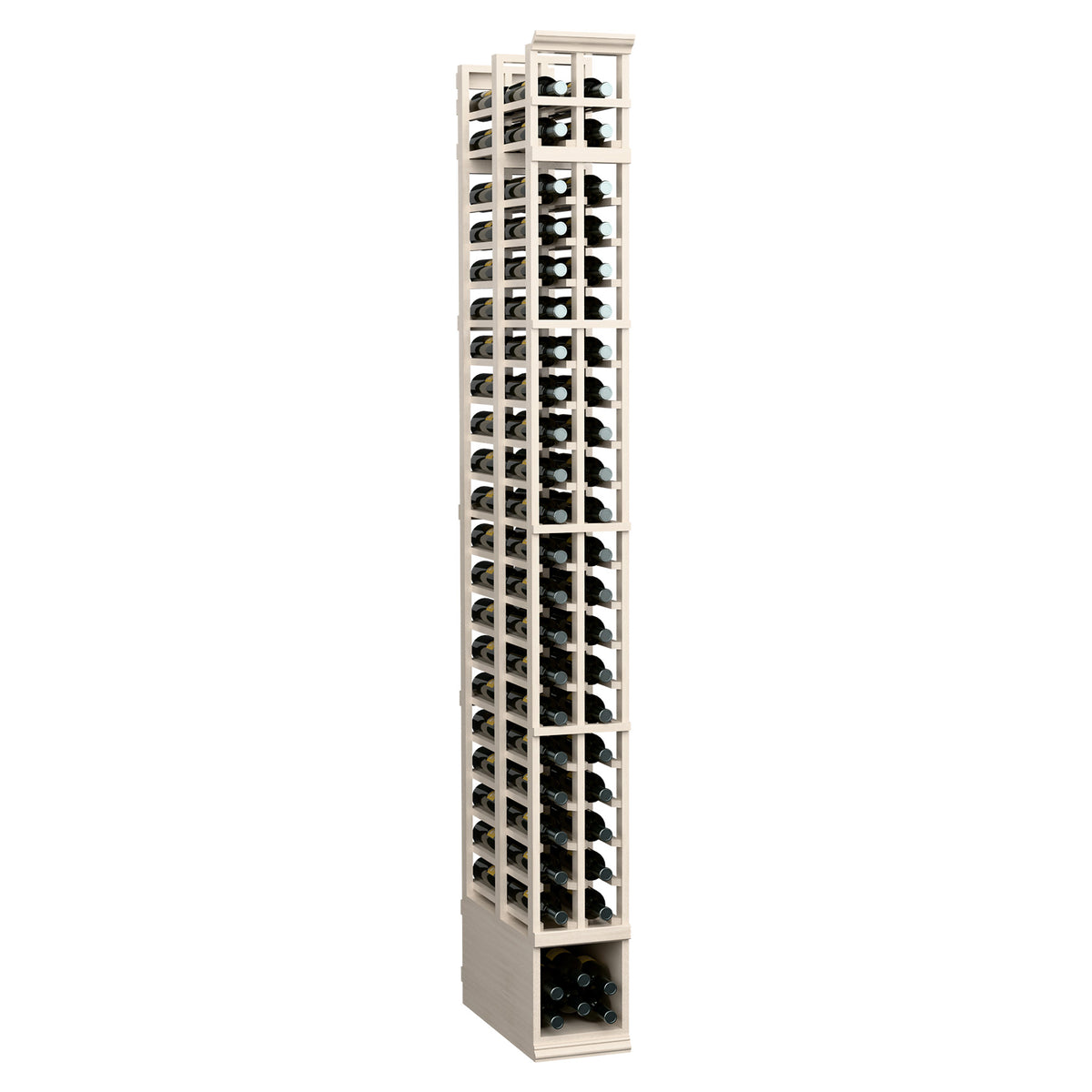 2-column double-deep wine bottle storage rack, whitewashed frame with dark bottles