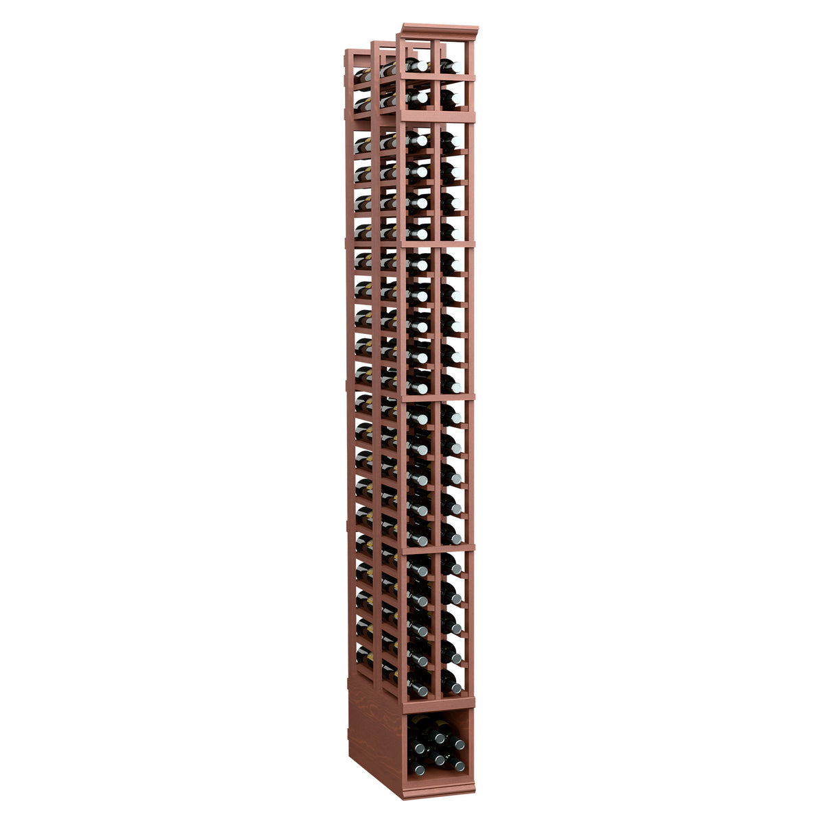 Red-brown 2-column double-deep wine bottle rack with open lattice shelves