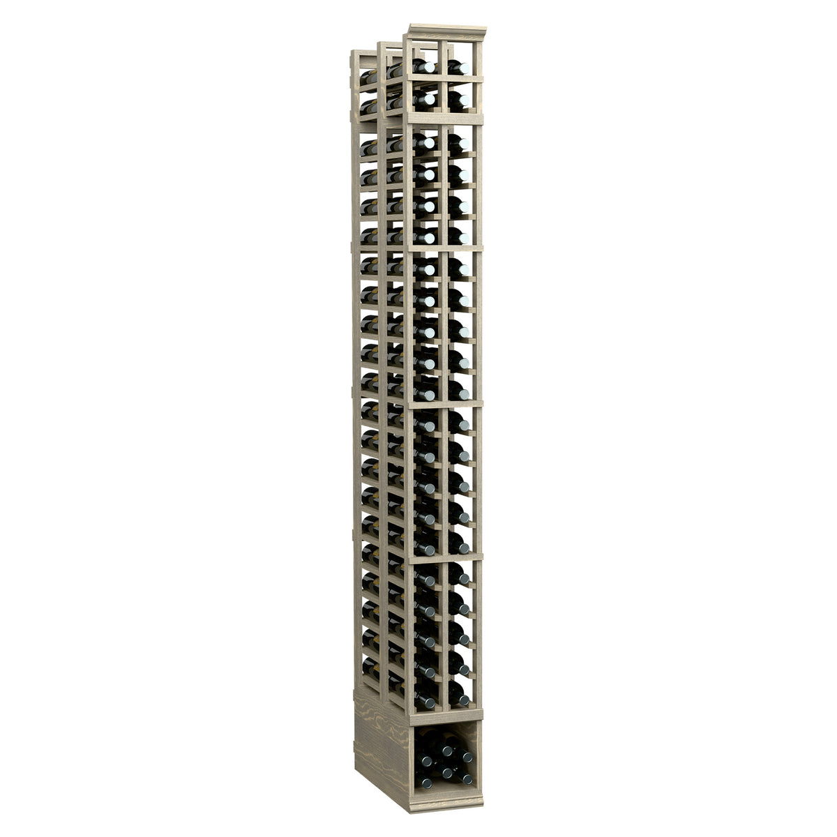 Tall 2-column double-deep wine rack, natural wood finish, holds bottles in rows.