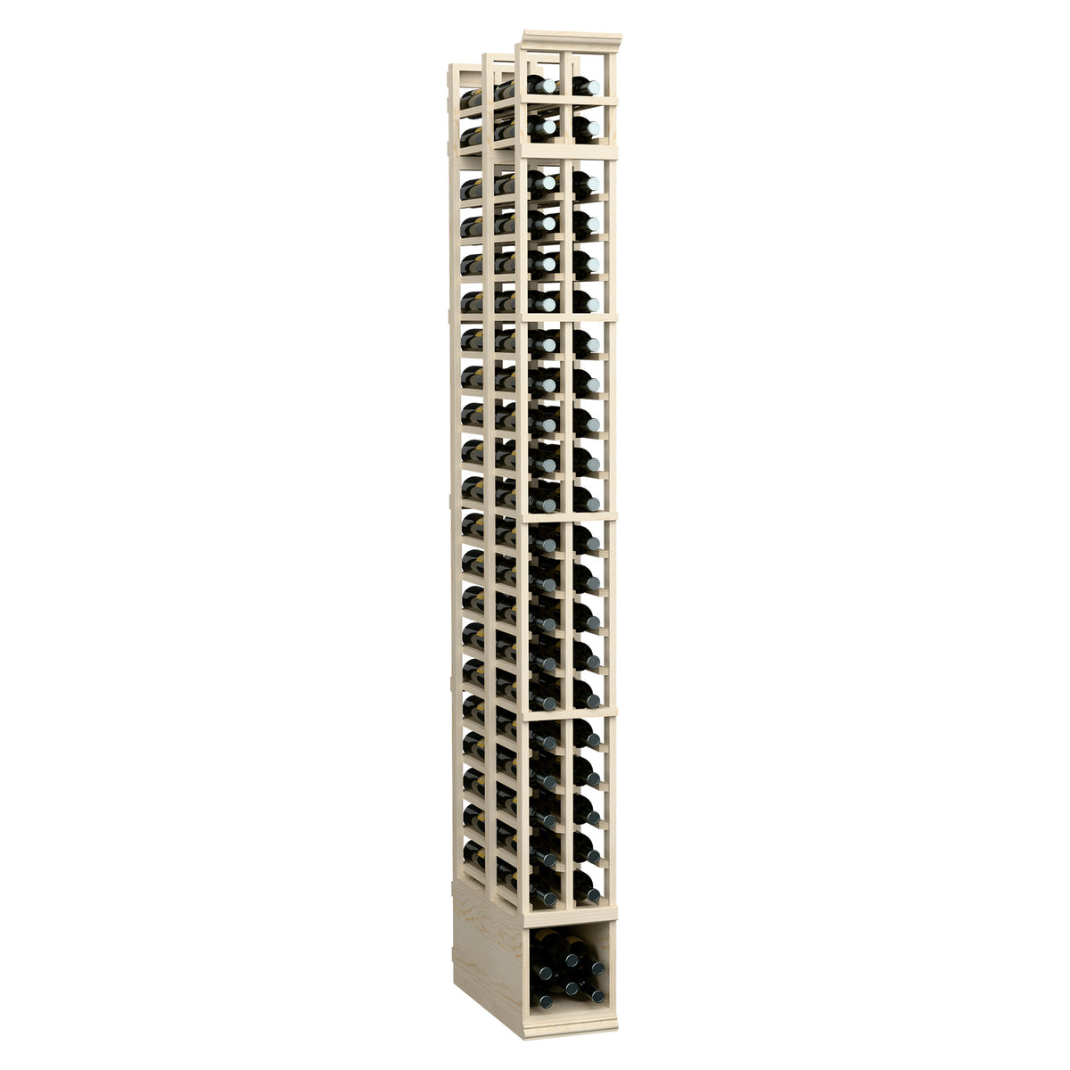 Tall 2-column double-deep wine rack, natural finish, shows inner bottle slots.