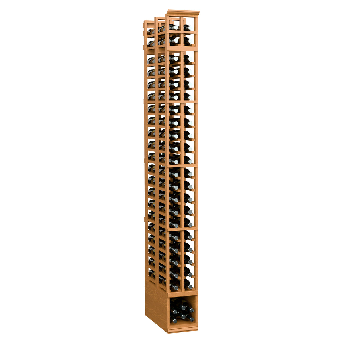 Tall 2-column double-deep wine rack in light tan wood, open frame with bottle slots.